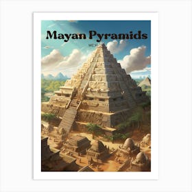 Mayan Pyramids Mexico Ancient Landmark Travel Illustration Art Print