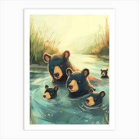 American Black Bear Family Swimming In A River Storybook Illustration 2 Art Print
