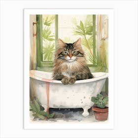 Norwegian Forest Cat In Bathtub Botanical Bathroom 4 Art Print
