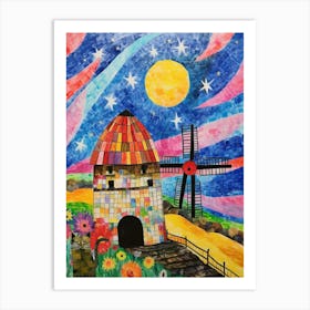 Cat Peaking Out Of The Corner With A Medieval Windmill Colourful  Art Print