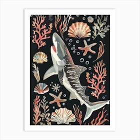 Tiger Shark Seascape Black Background Illustration 3 Art Print