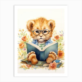 Reading Books Watercolour Lion Art Painting 3 Art Print
