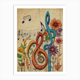 Music Notes And Flowers 1 Art Print