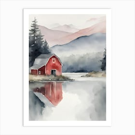 Red Barn By The Lake 1 Art Print