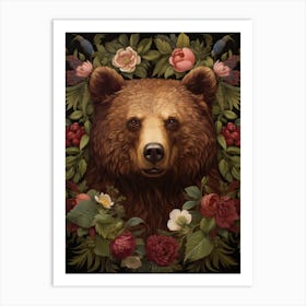 Brown Bear Portrait With Rustic Flowers 2 Art Print