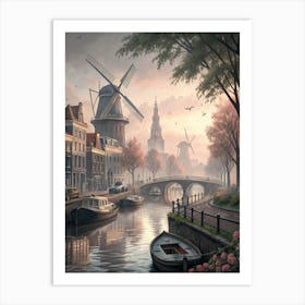 Windmills On A Canal Art Print