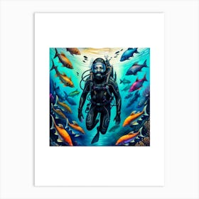 Scuba Diver with Fishes Around him 1 Art Print