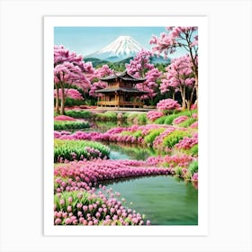 Cherry Blossoms In Spring Mount Fuji Japan Beautiful Lake Landscape Art Print