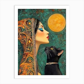 Woman And A Cat Art Print