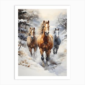 Three Horses Running In The Snow Art Print