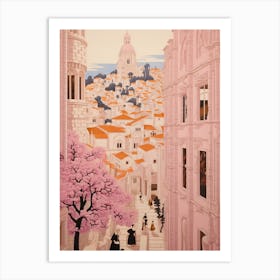 Dubrovnik Croatia 4 Vintage Pink Travel Illustration Art Print