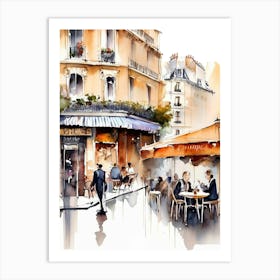 Paris city, passersby, cafes, apricot atmosphere, watercolors.3 Art Print