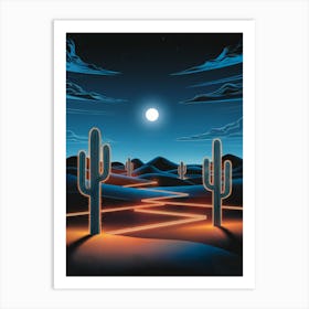 Surreal Oil Painting: Neon-Lit Desert at Twilight with Glowing Cacti, Warm Orange Lights on Sand Dunes, Deep Blue Swirling Sky, and Bright Moon. Art Print