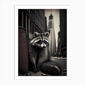 Raccoon In City Vintage Art Print