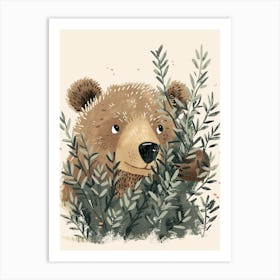 Brown Bear Hiding In Bushes Storybook Illustration 3 Art Print