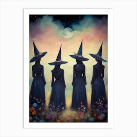 Witches Coven Meets Under a Full Moon ~ Witchy Friends Spell Night Art by Sarah Valentine Art Print