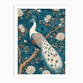 Turquoise & White Peacock On A Branch Wallpaper Art Print