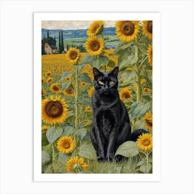 Black Cat In Sunflower Field Art Print