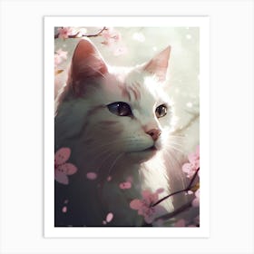 White Cat In Cherry Blossoms Art Print