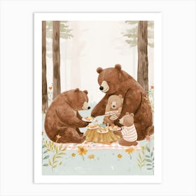 Brown Bear Family Picnicking In The Woods Storybook Illustration 3 Art Print