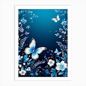 Blue Flowers And Butterflies Art Print