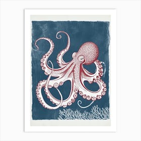 Linocut Inspired Navy Red Octopus With Coral 8 Art Print