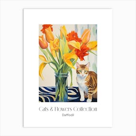 Cats & Flowers Collection Daffodil Flower Vase And A Cat, A Painting In The Style Of Matisse 1 Art Print