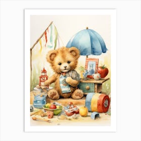 Playing With Wooden Toys Watercolour Lion Art Painting 2 Art Print