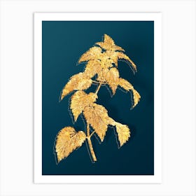 Vintage White Dead Nettle Plant Botanical in Gold on Teal Blue n.0337 Art Print