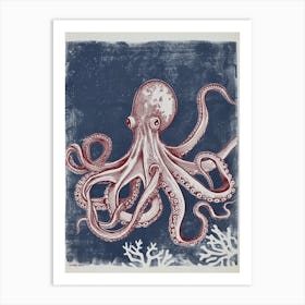 Octopus Linocut Style With Aqua Marine Plants 6 Art Print