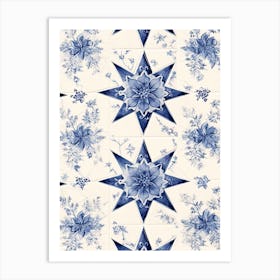 Vintage Flowers And Stars Delft Tile Illustration 1 Art Print