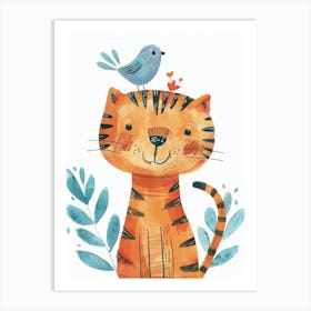 Small Joyful Tiger With A Bird On Its Head 5 Art Print