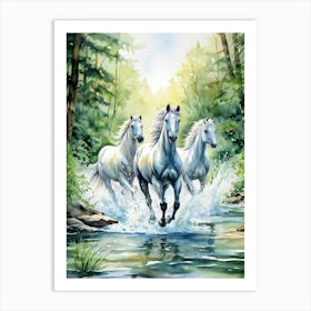 Surreal Water Horses Majestically Galloping Along The Silvery Path Of A Wild Stream Clear Rushing W Art Print