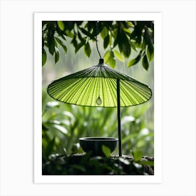 Green Umbrella In The Rain Art Print