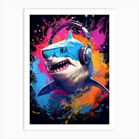  A Shark Wearing Headphones Spinning Dj Decks 1 Art Print