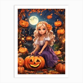 Halloween Girl With Pumpkins Art Print