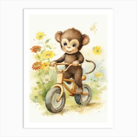 Monkey Painting Biking Watercolour 1 Art Print