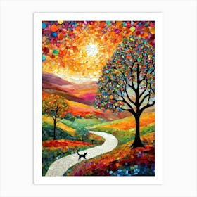 The Road Home - Meow Meow - Beautiful Rainbow Mosiac of Whimsical Black Cat Watching the Sun Set on the Path Home Whimsy Kitty Art for Cat Lover, Cat Lady, Chakra Pride Pagan Witch Colorful Swirling Trees HD Art Print