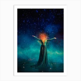 A Woman Embodying The Universe Her Teal Aura Blending With An Orange Cosmic Backdrop Nightfall Set Art Print