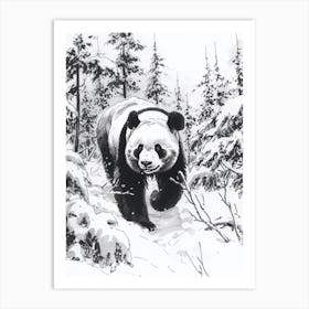Giant Panda Walking Through A Snow Covered Forest Ink Illustration 4 Art Print