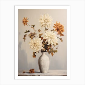 Dahlia, Autumn Fall Flowers Sitting In A White Vase, Farmhouse Style 2 Art Print