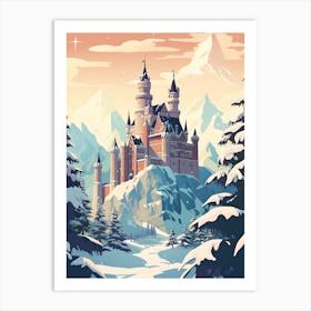 Vintage Winter Travel Illustration Schloss Neuschwanstein Germany 3 Art Print