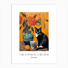 Cats & Flowers Collection Bluebell Flower Vase And A Cat, A Painting In The Style Of Matisse 1 Art Print