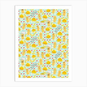 Playful Macaroni and Cheese on a Baby Blue Checkered Background with Hearts  Art Print