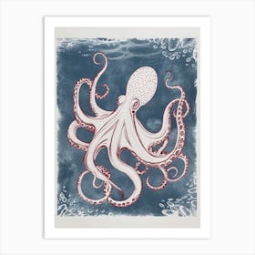Navy Blue & Red Linocut Inspired Octopus 6 Art Print