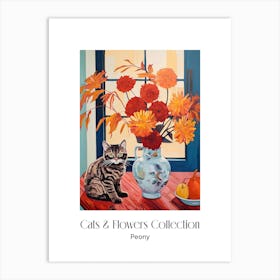 Cats & Flowers Collection Peony Flower Vase And A Cat, A Painting In The Style Of Matisse 0 Art Print