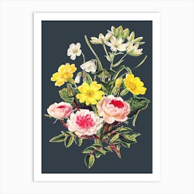 Vintage Floral Bouquet Flowers Illustration Grey Art Print