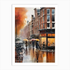 Amsterdam cafes, autumn season, rain, autumn oil colours.Faded colours,People passing on the street, winter clothes, rain umbrellas.9 1 Art Print