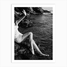 Summer Sunlight - Girl on the Rocks - Black And White Photography Art Print