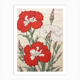 Nadeshiko Dianthus Vintage Botanical Woodblock Art Print